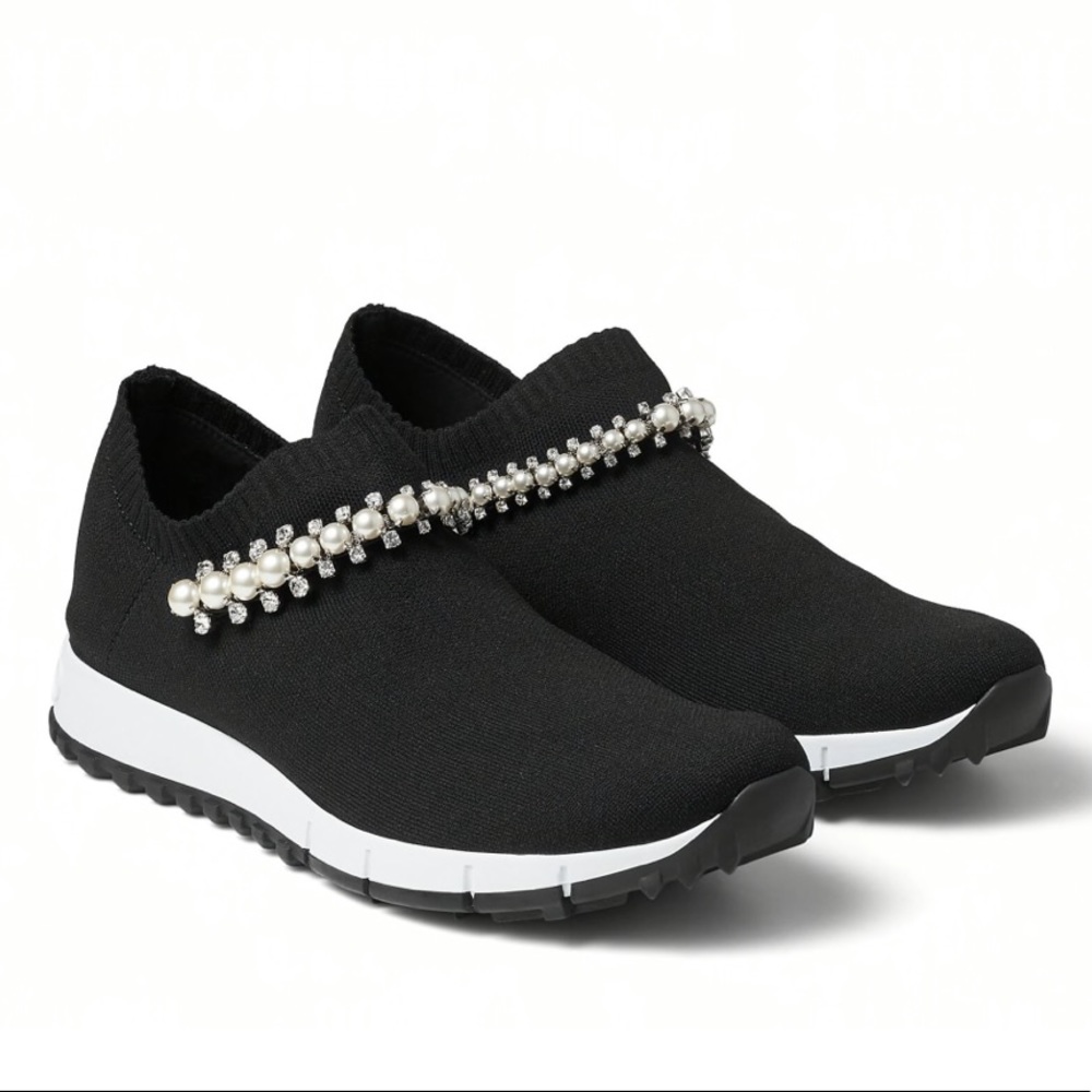 NIB jimmy choo verona black knit trainers with white pearl and crystal detailing